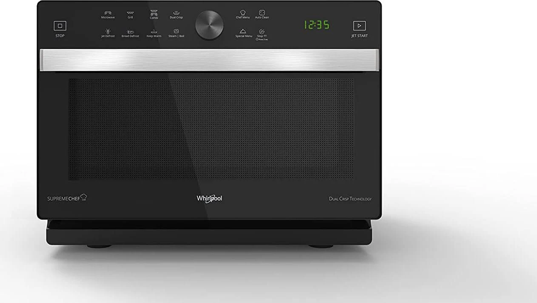 Czarna kuchenka mikrofalowa z panelem sterowania. Wyświetlana jest godzina.