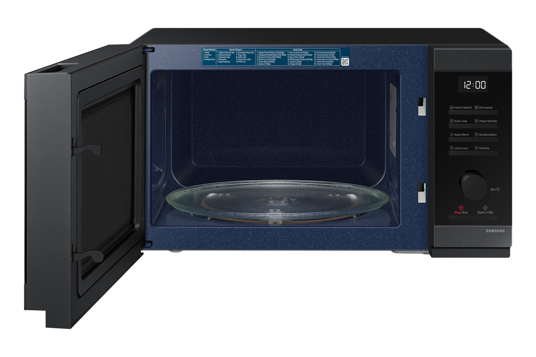 Forno a microonde con porta aperta, che mostra l'interno con un piatto di vetro e i controlli.