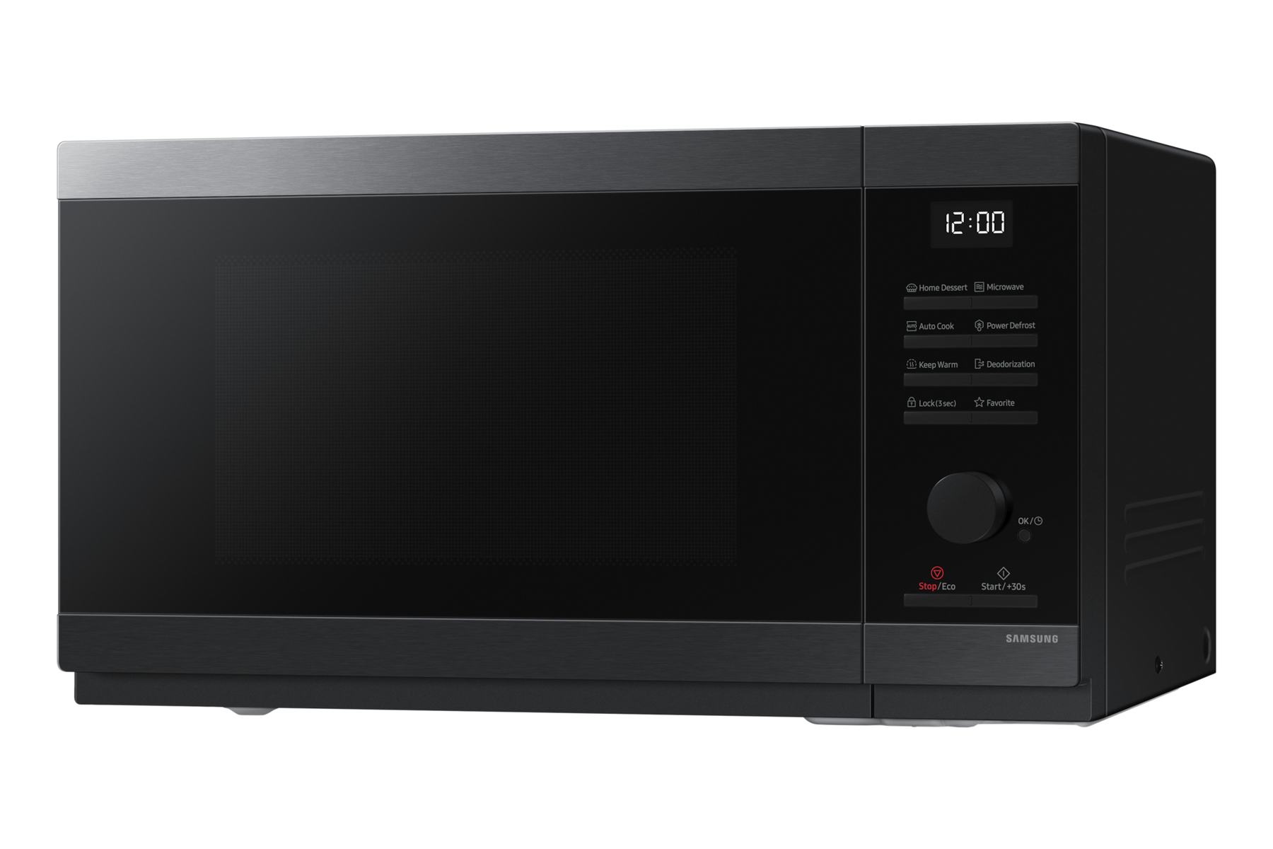Forno a microonde nero con display digitale e pannello di controllo.