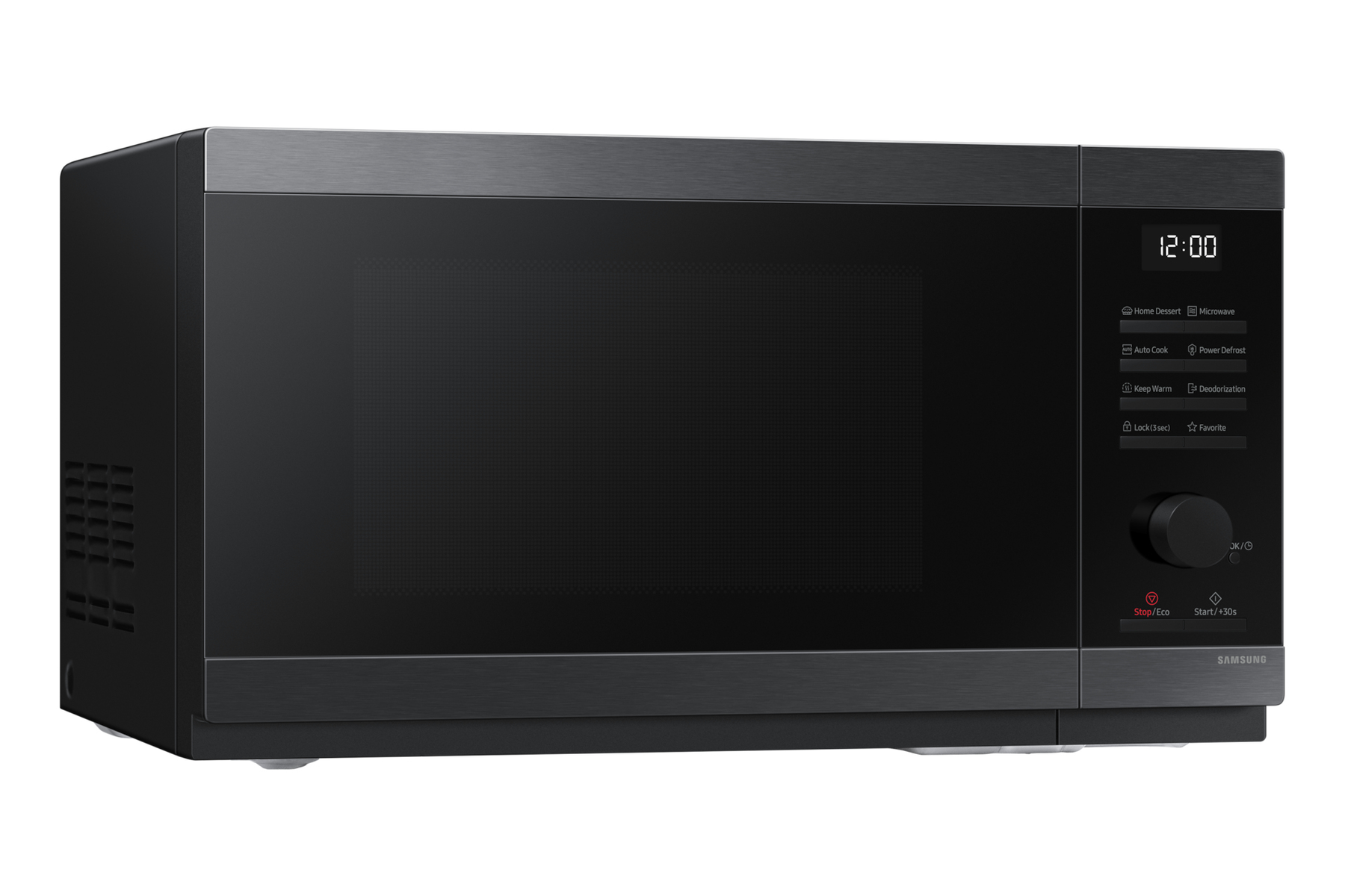 Forno a microonde nero con display digitale e pannello comandi. Logo Samsung visibile.