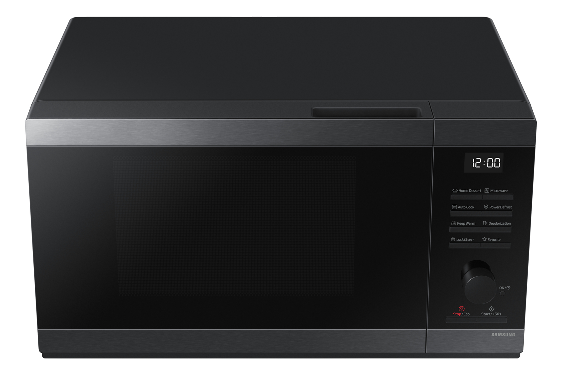 Un forno a microonde nero con pannello di controllo, display digitale e logo SAMSUNG su superficie bianca.