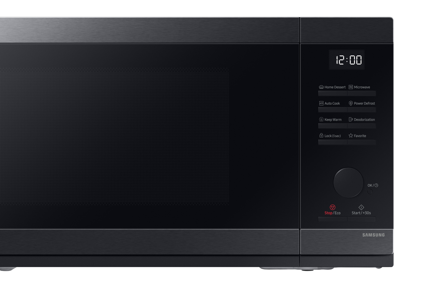 Forno a microonde nero con display digitale e pannello di controllo.