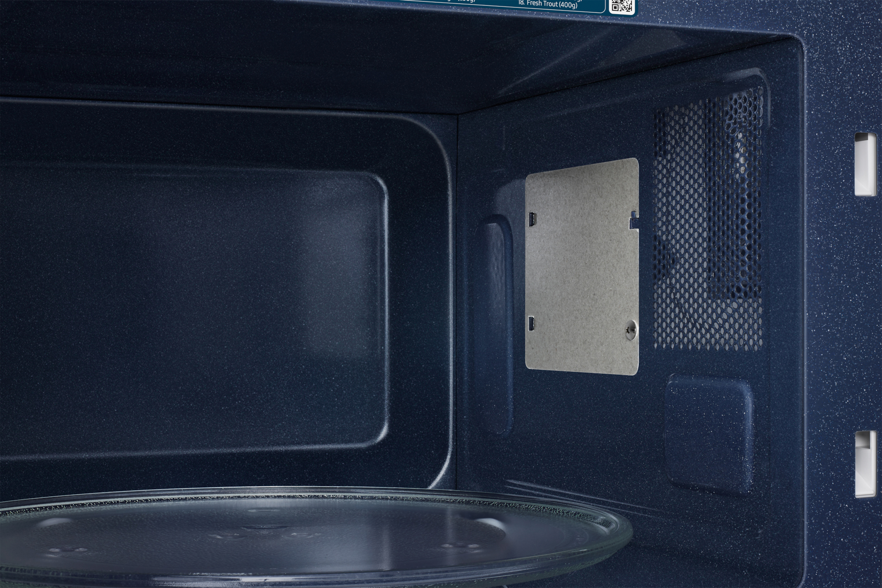 All'interno di un microonde con interno blu, piatto in vetro e griglia rettangolare.