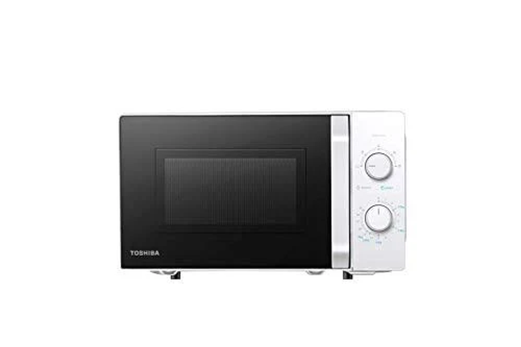 Un forno a microonde Toshiba, porta nera e pannello di controllo bianco.