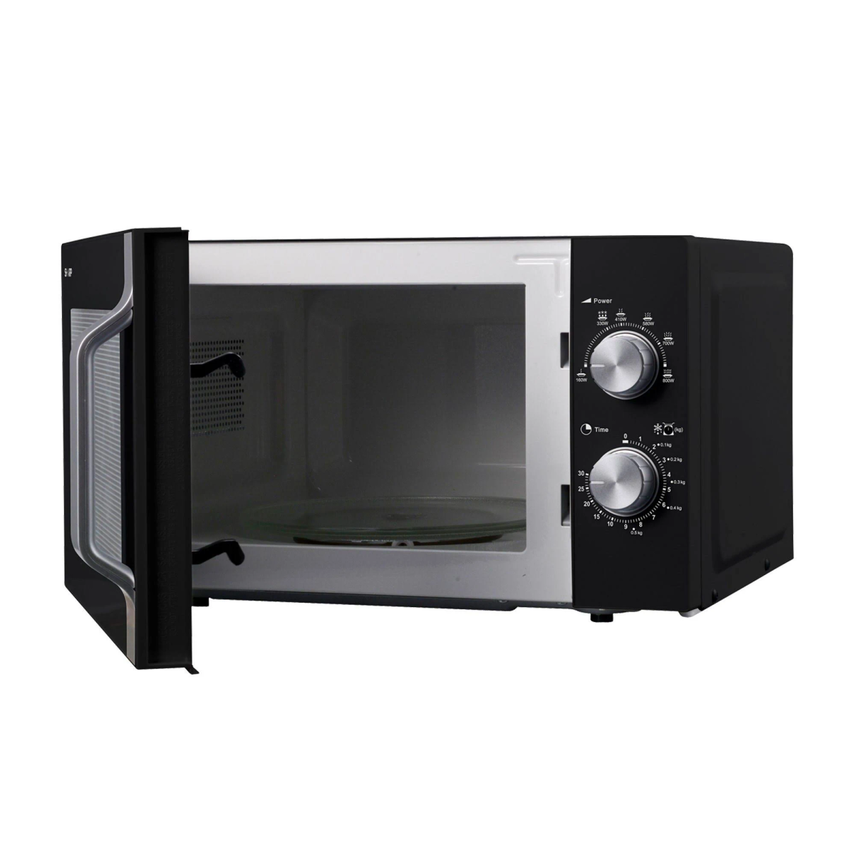 Horno microondas negro con la puerta abierta. Plato de vidrio dentro, perillas de control a la derecha.