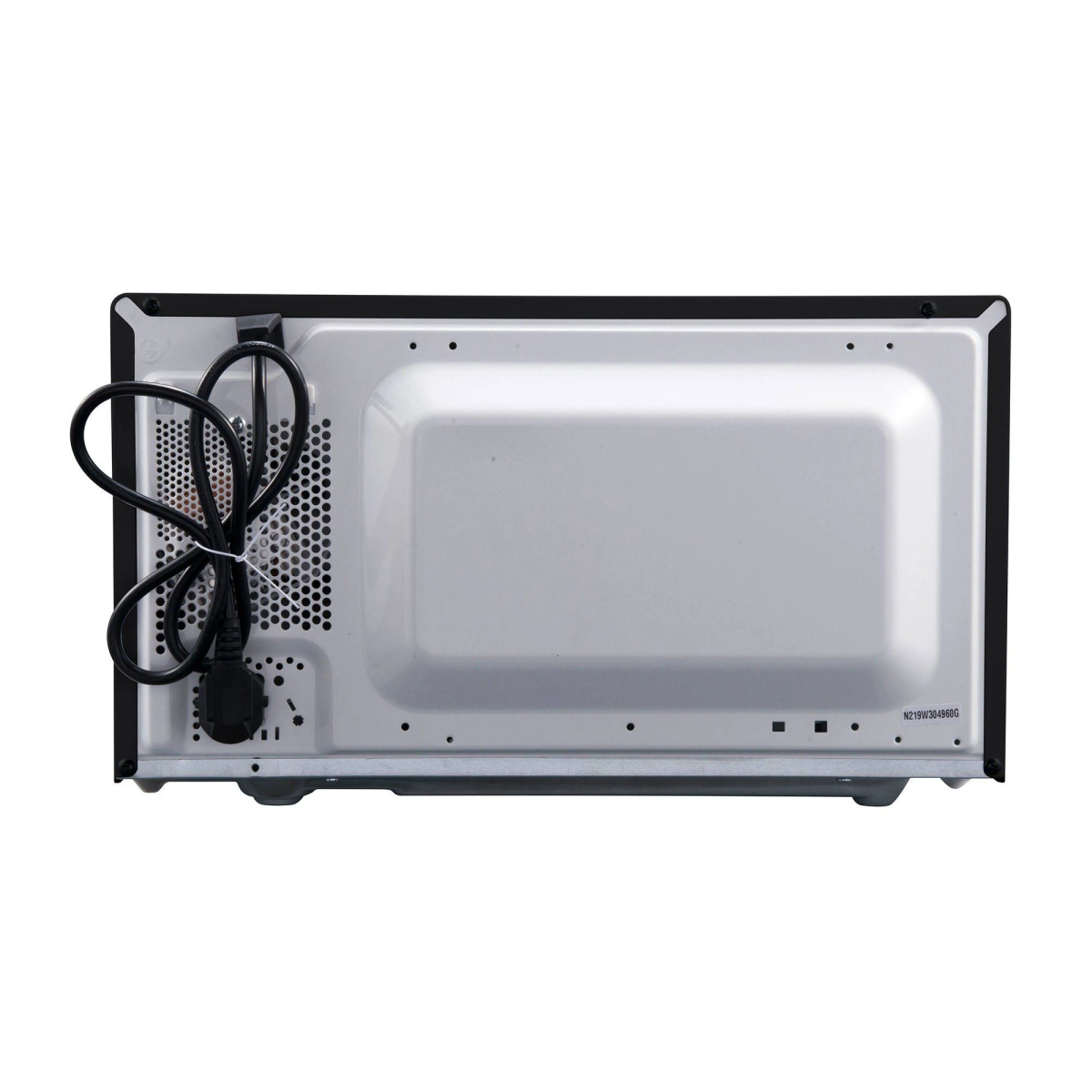 Vista trasera de un microondas. Negro con ventilador, cable de alimentación y ventilación.