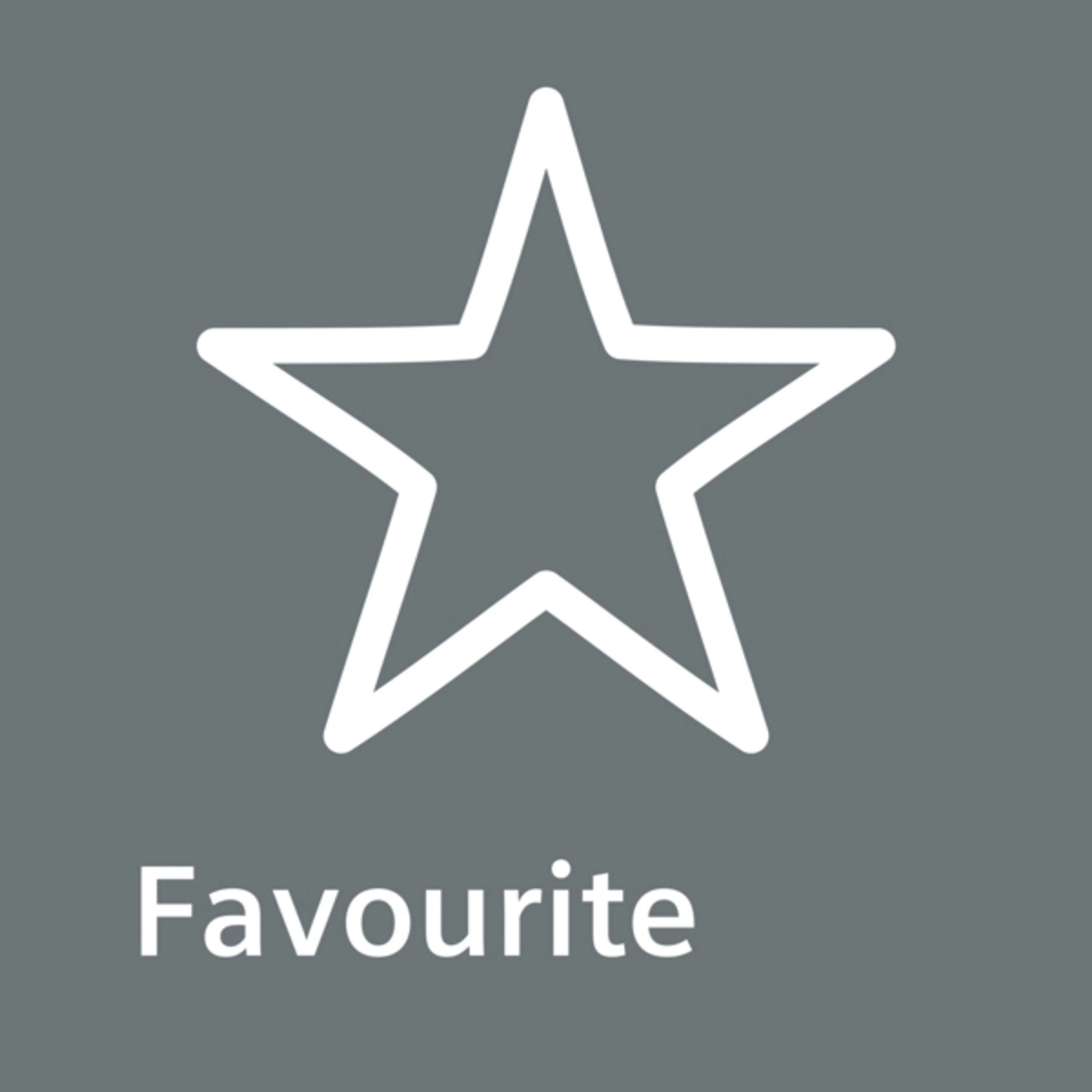 Biały kontur gwiazdy ze słowem 'Ulubione' poniżej na szarym tle.