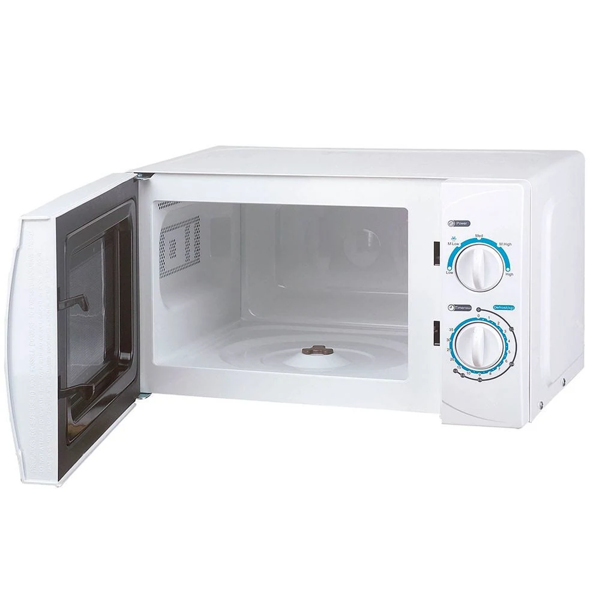 Un microonde bianco con la porta aperta. Con quadranti, display e una griglia all'interno.