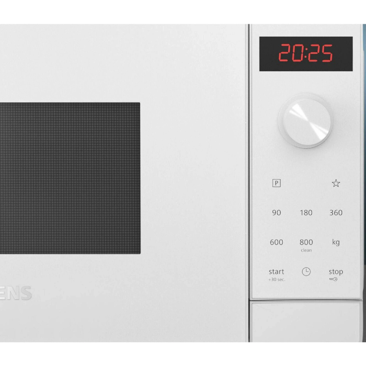 Biała kuchenka mikrofalowa z wyświetlaczem 20:25. Widoczne elementy sterowania i drzwi, po lewej 'SIEMENS'.