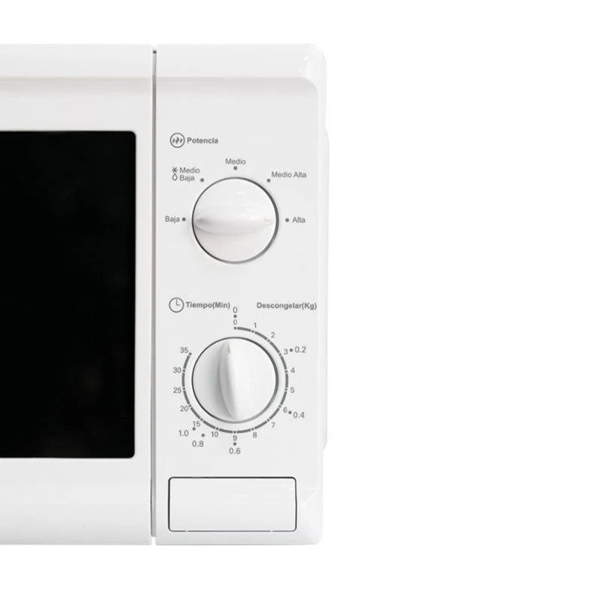 El panel de control de un horno microondas blanco, con diales y botones.