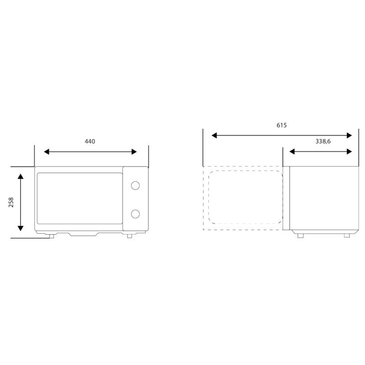 Diagrama de un horno microondas que muestra las dimensiones en milímetros, con una vista lateral y superior.