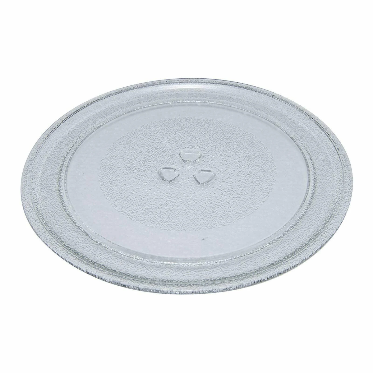 Przezroczysty szklany talerz obrotowy do kuchenki mikrofalowej z trzema podniesionymi obszarami pośrodku.