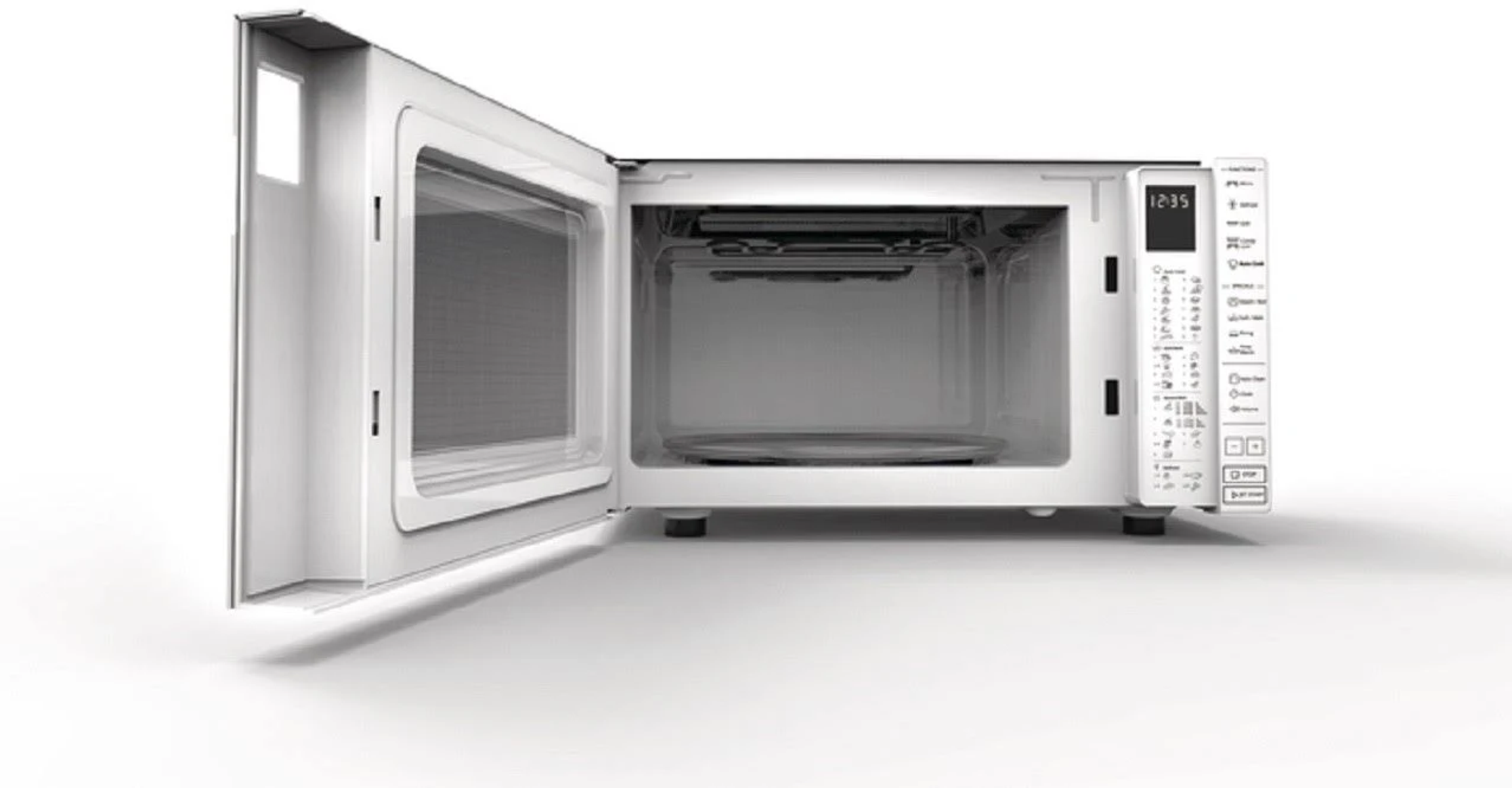 Biała kuchenka mikrofalowa z otwartymi drzwiami. Wnętrze ma szklaną płytę. Panel sterowania znajduje się po prawej stronie.