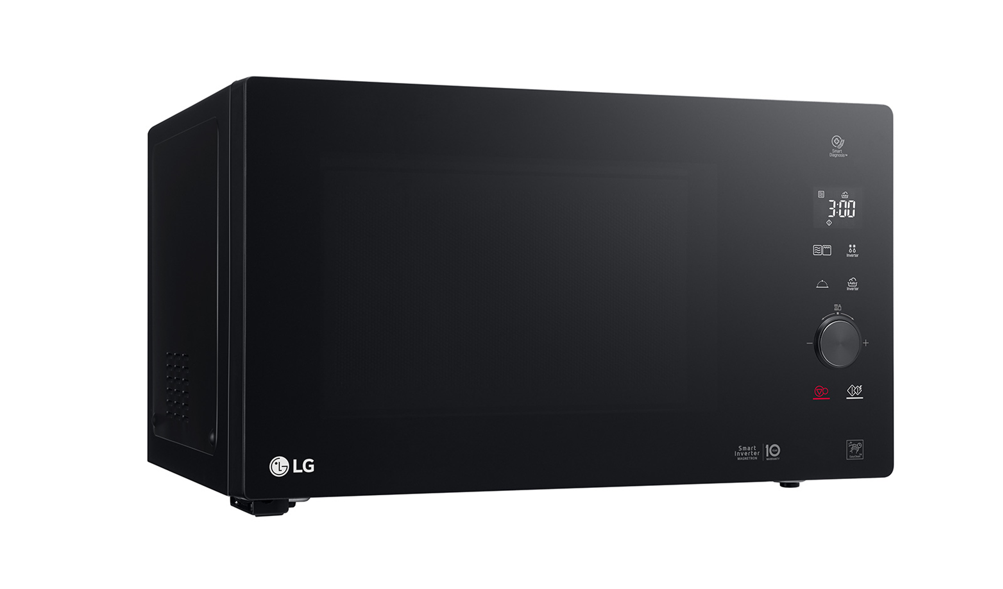Forno a microonde nero. Display digitale sul lato destro. Logo LG in basso a sinistra.