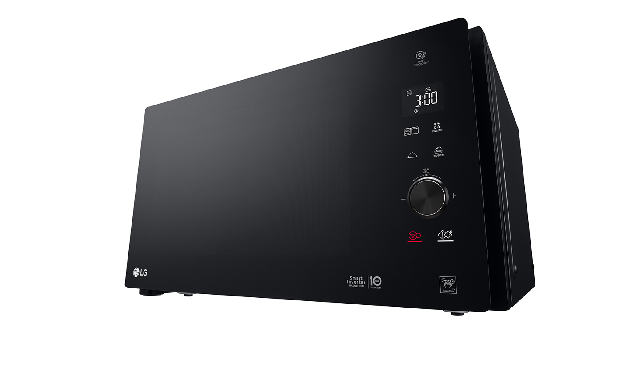 Forno a microonde nero su sfondo bianco, con pannello di controllo e display.