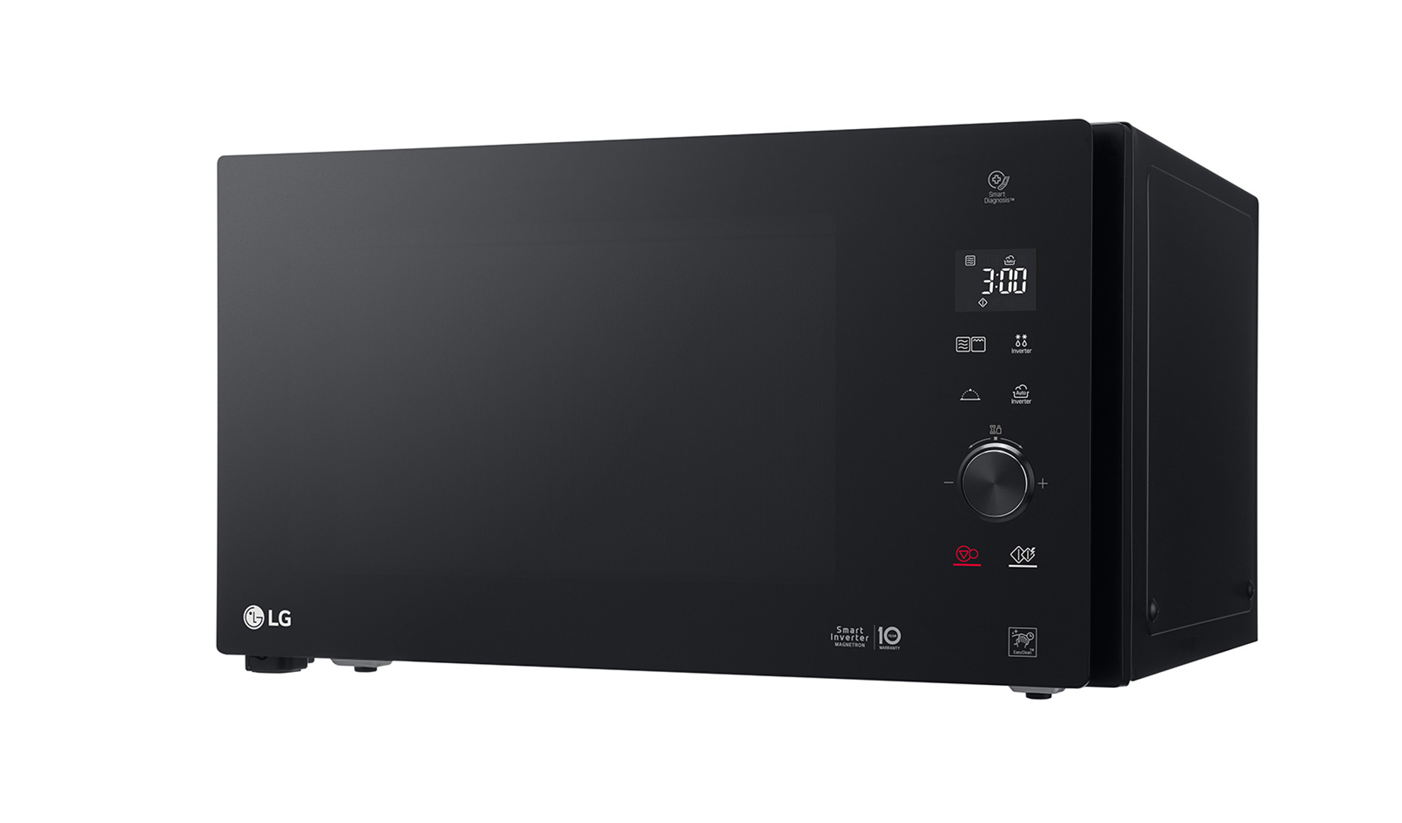 Un forno a microonde LG nero con display digitale 3:00.