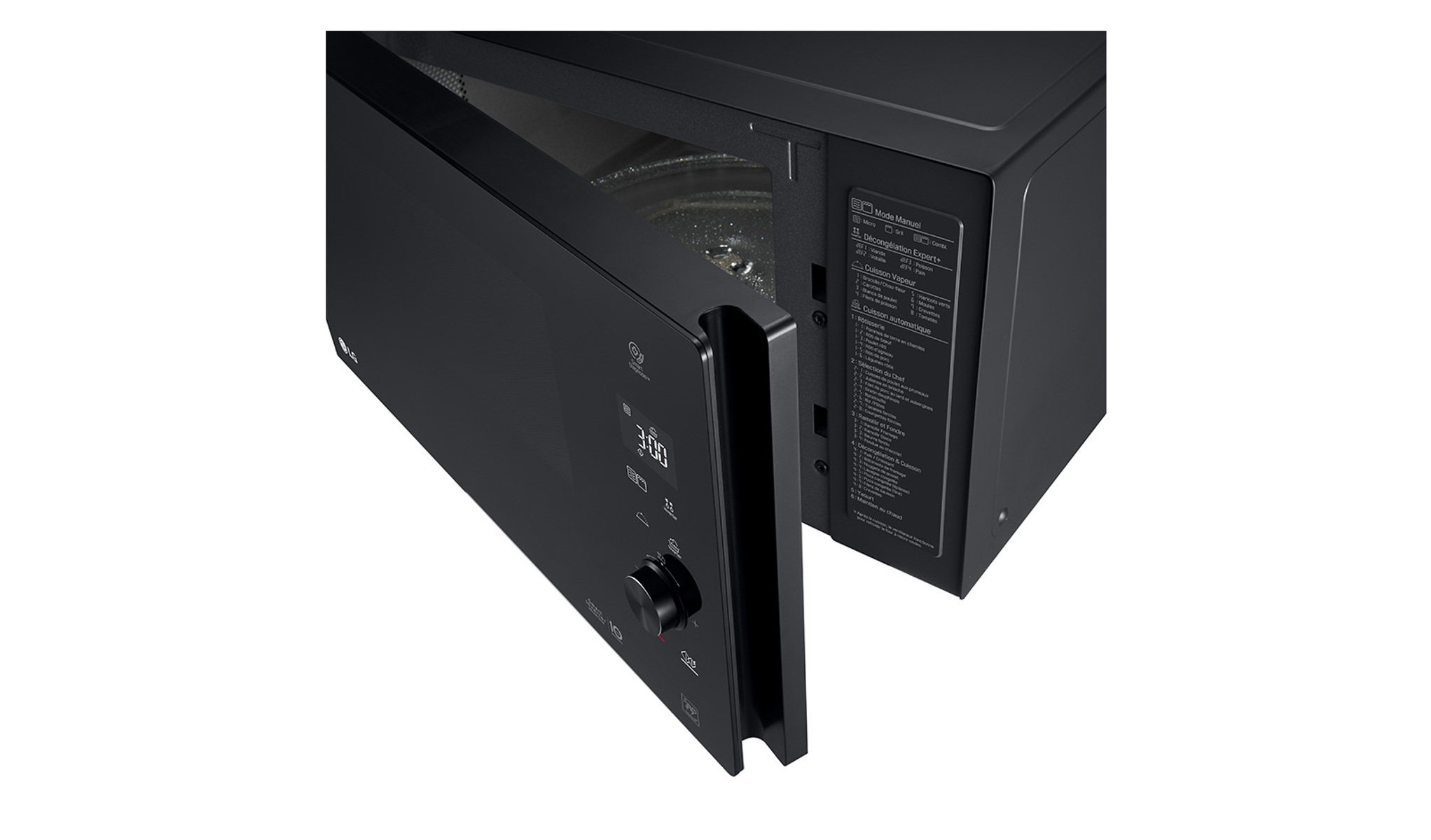 Forno a microonde nero con porta aperta. Interno illuminato. Pannello di controllo visibile. LG.