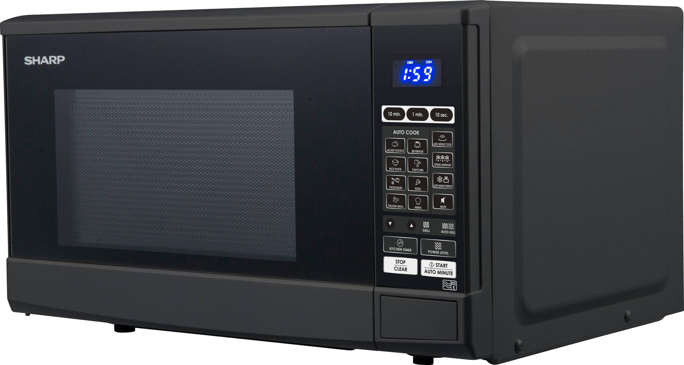 Microondas negro con pantalla digital. Controles y la marca Sharp visibles.