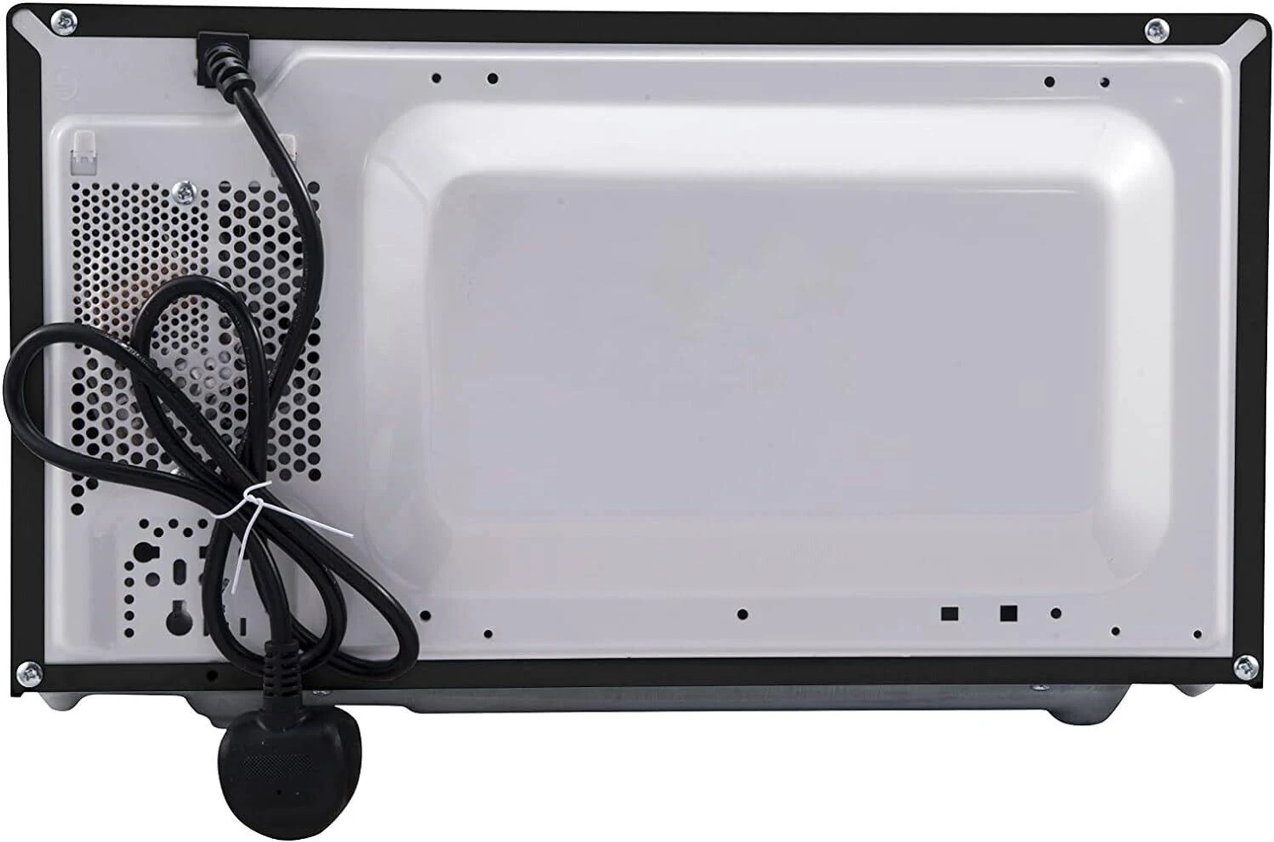 Parte trasera de un microondas. Exterior blanco, detalles en negro y cable de alimentación. Rejillas metálicas.