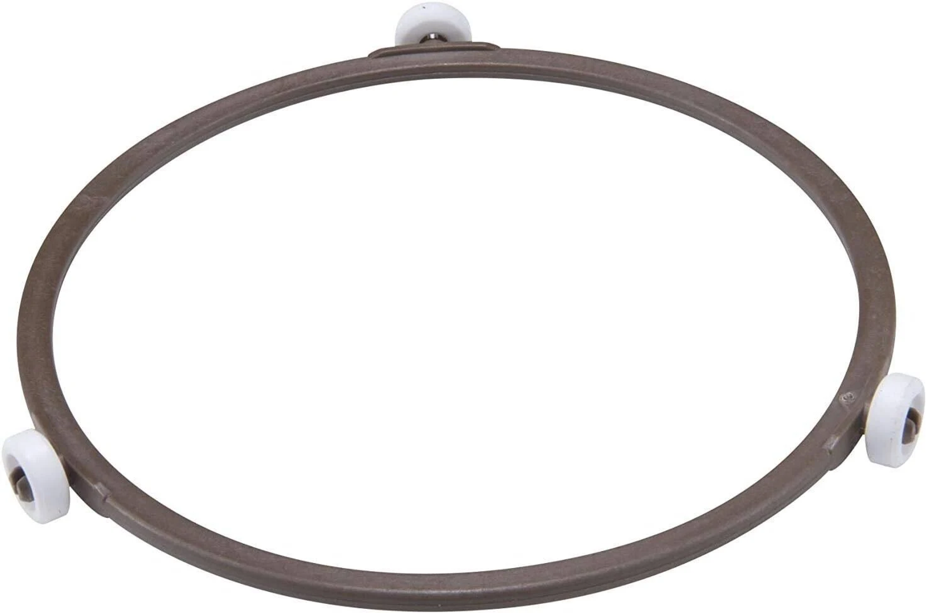 Anillo giratorio de horno microondas marrón. Tres pequeñas ruedas blancas. Diseño circular.