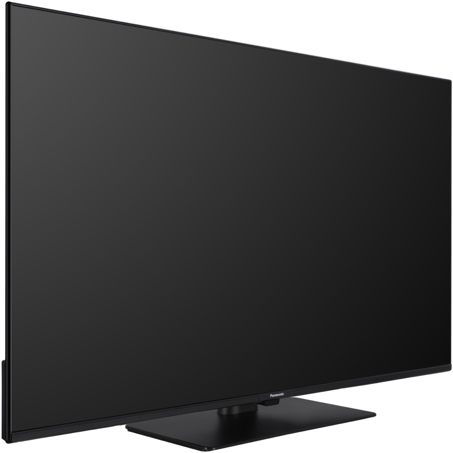 Una grande TV Panasonic nera. Ha un design elegante e un supporto minimalista.