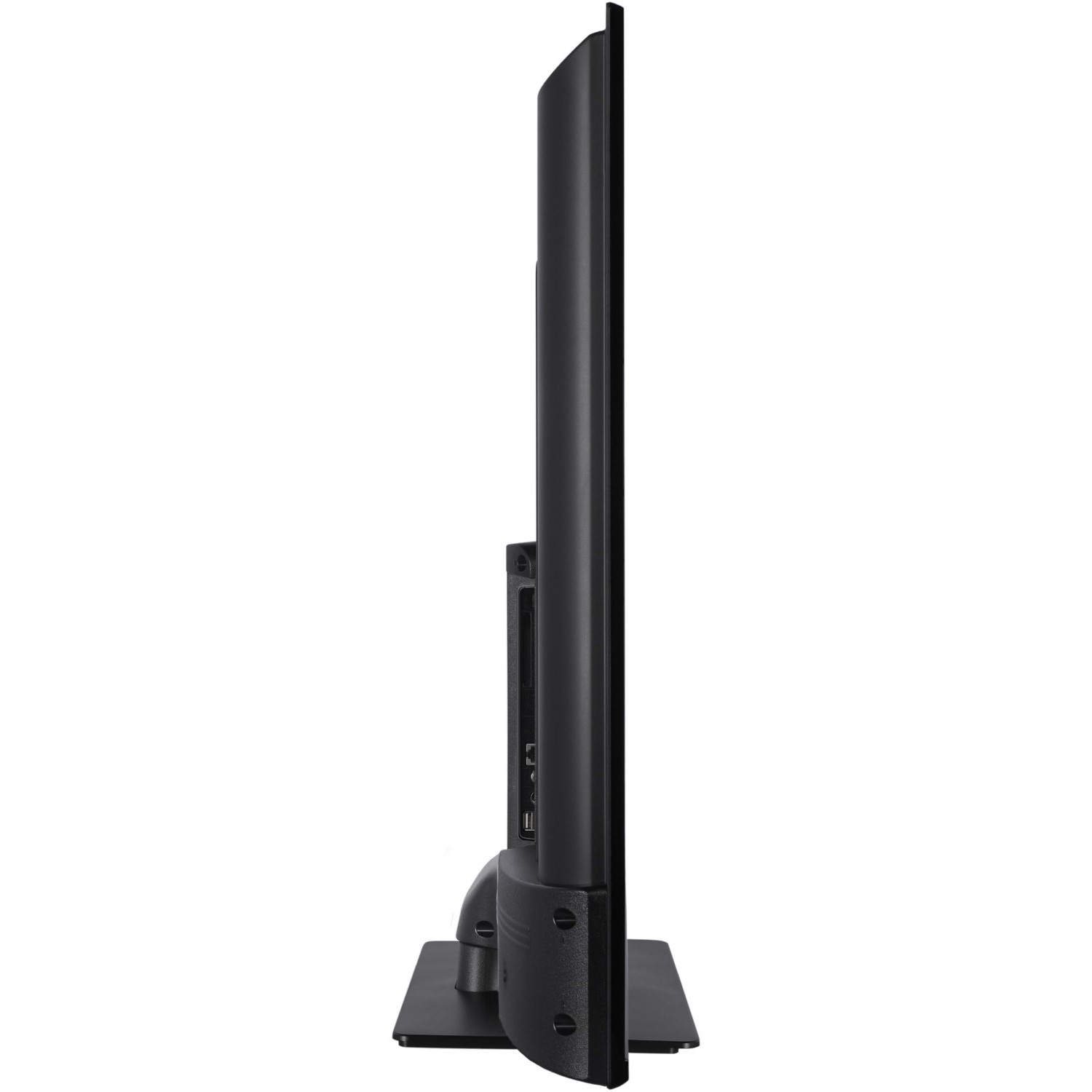 TV nero, vista laterale. Supporto nero, sfondo bianco.