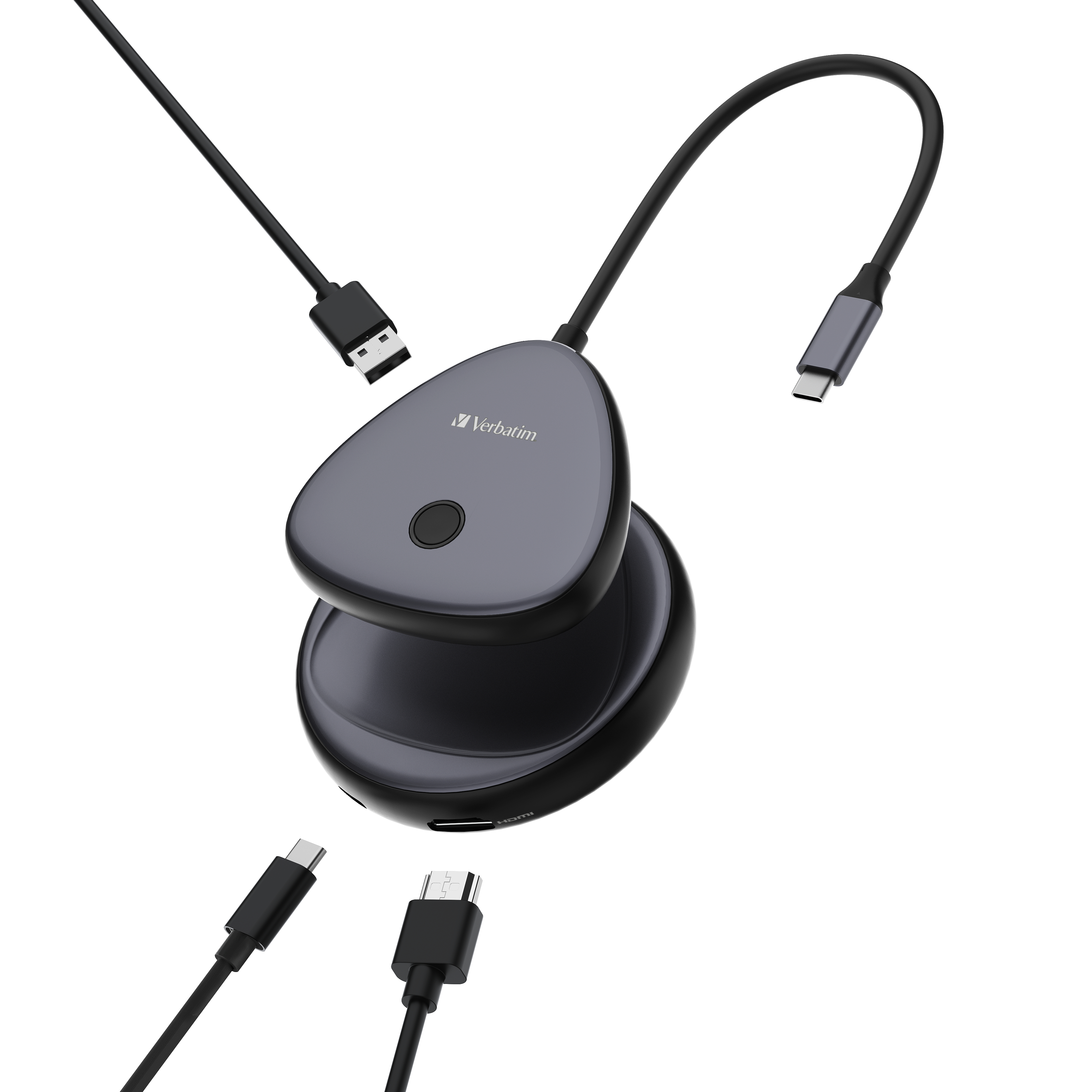 Eine dunkelgraue Verbatim-Dockingstation mit verschiedenen USB-Kabeln.