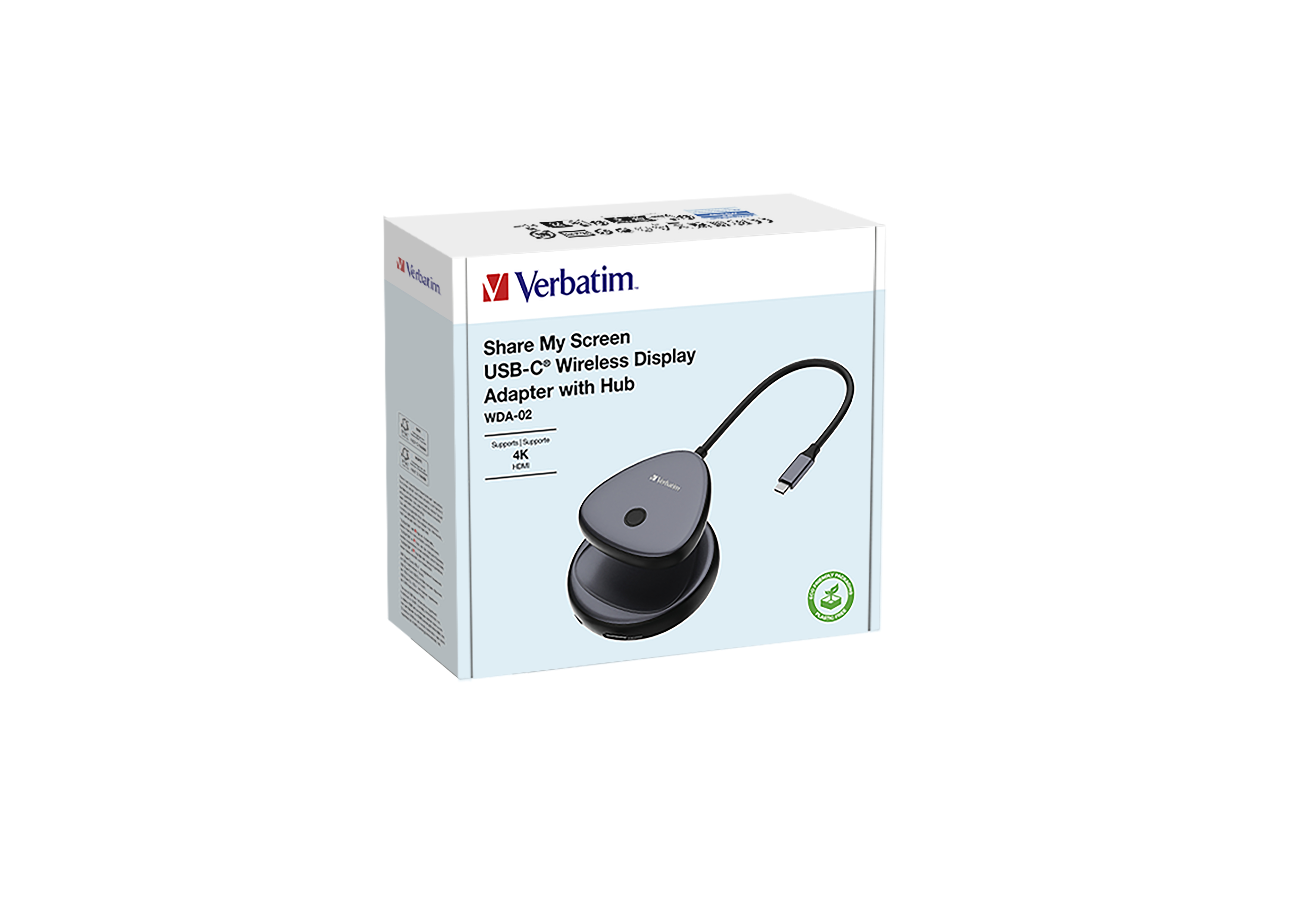 Eine weiße Box mit einem USB-C Wireless Display Adapter. Der Adapter ist schwarz, mit schwarzem Kabel.