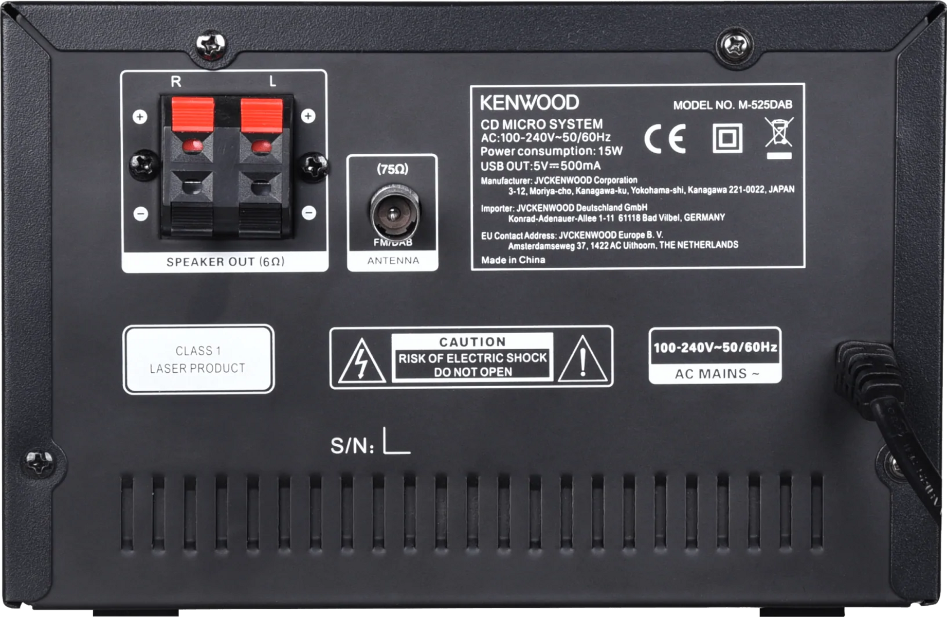 Parte trasera de un Kenwood CD Micro System con conectores, etiquetas y cable de alimentación.