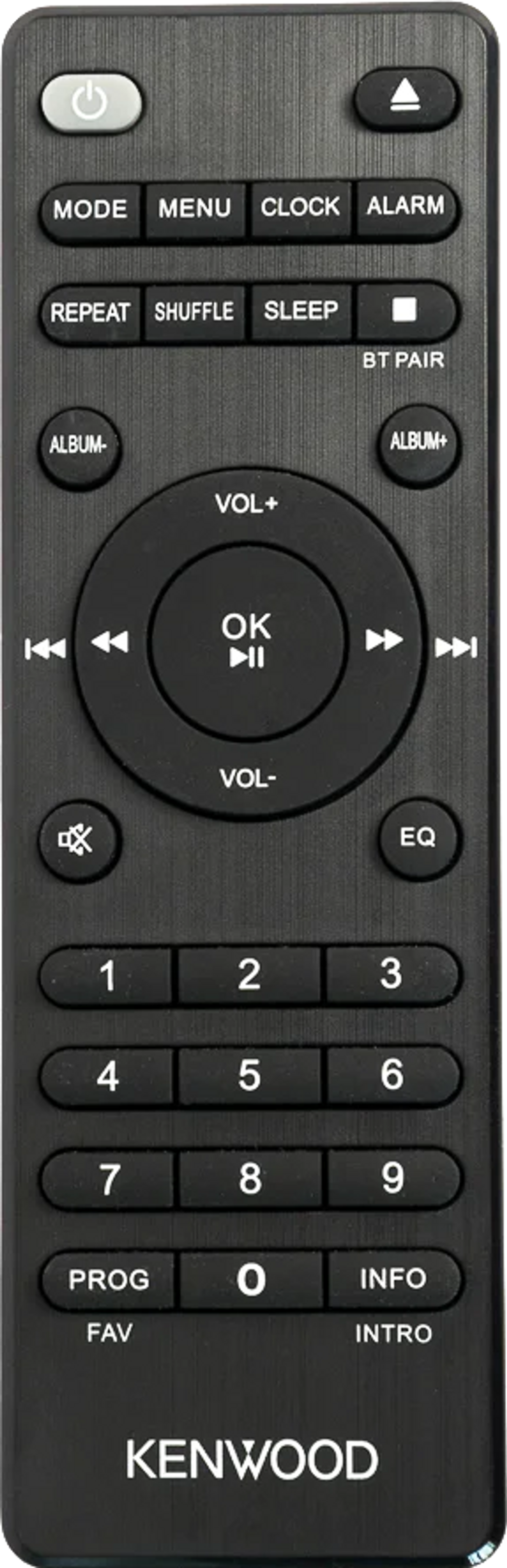 Control remoto Kenwood negro con varios botones para modo, menú, volumen y números, sobre fondo blanco.