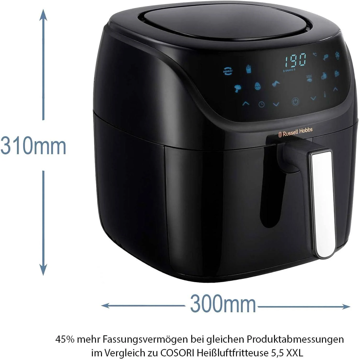Friggitrice ad aria nera con display digitale. Dimensioni: 310mm altezza, 300mm larghezza.