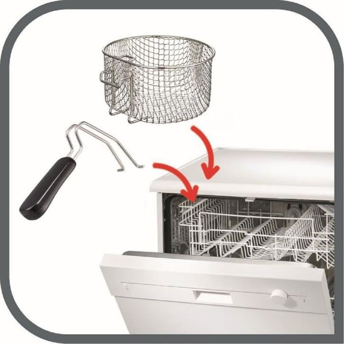 Lavavajillas con cesta extraída y cesta metálica encima con flechas.