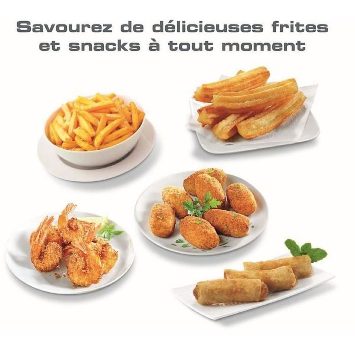 Varios aperitivos fritos en platos: patatas fritas, churros, camarones, croquetas y rollitos de primavera.