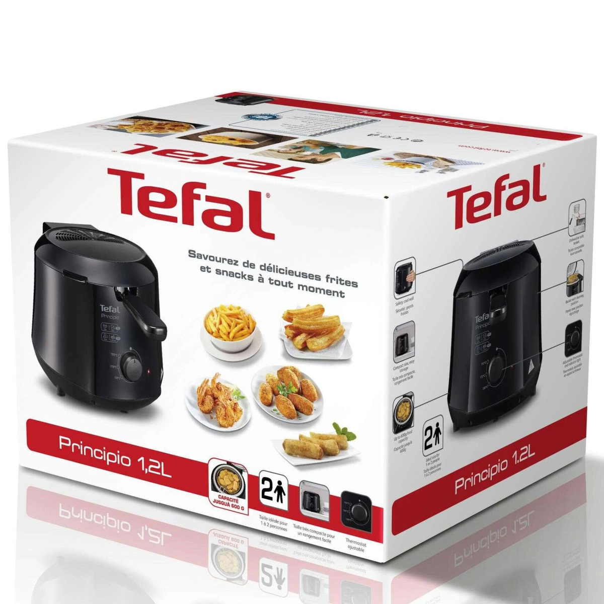 Una caja de freidora Tefal, mostrando el producto e imágenes de comida.