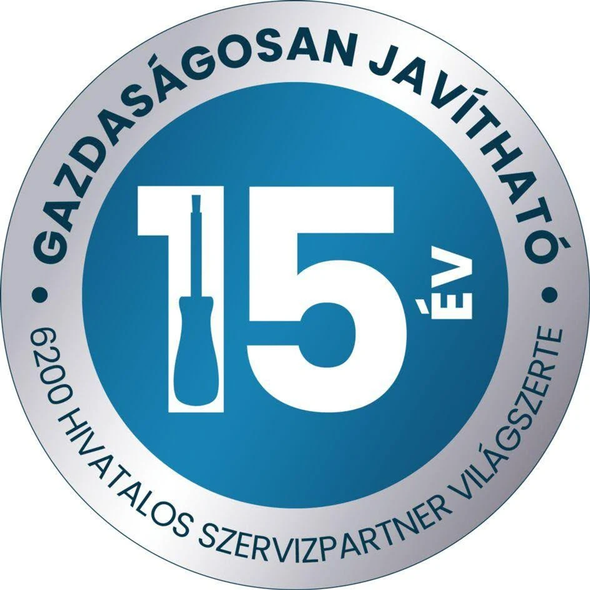 Una insignia redonda, azul y plateada con texto y un icono de destornillador, que indica una garantía de 15 años.