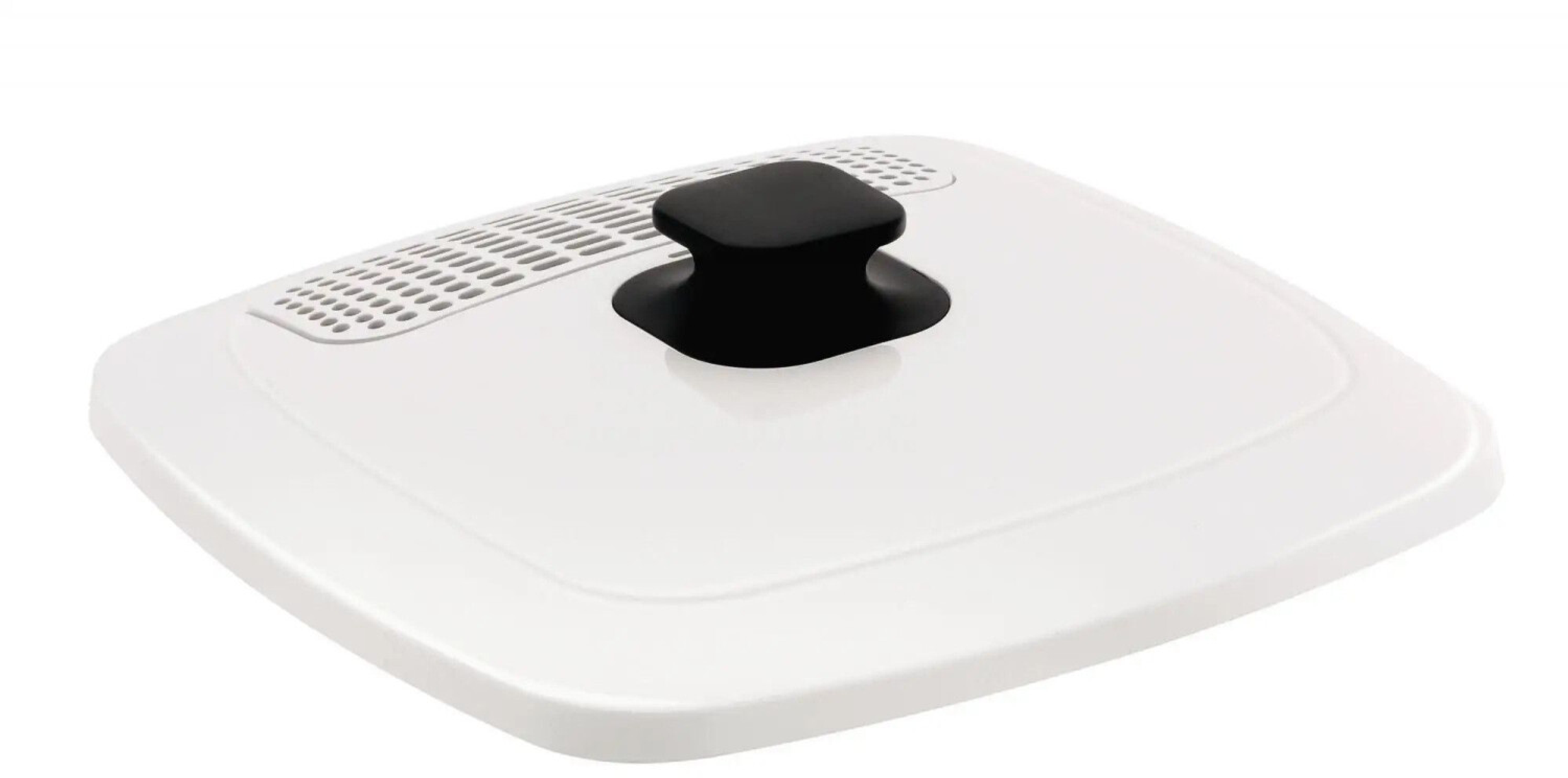 Biała kwadratowa pokrywa z czarnym uchwytem. Pokrywa ma odpowietrznik z małymi otworami.