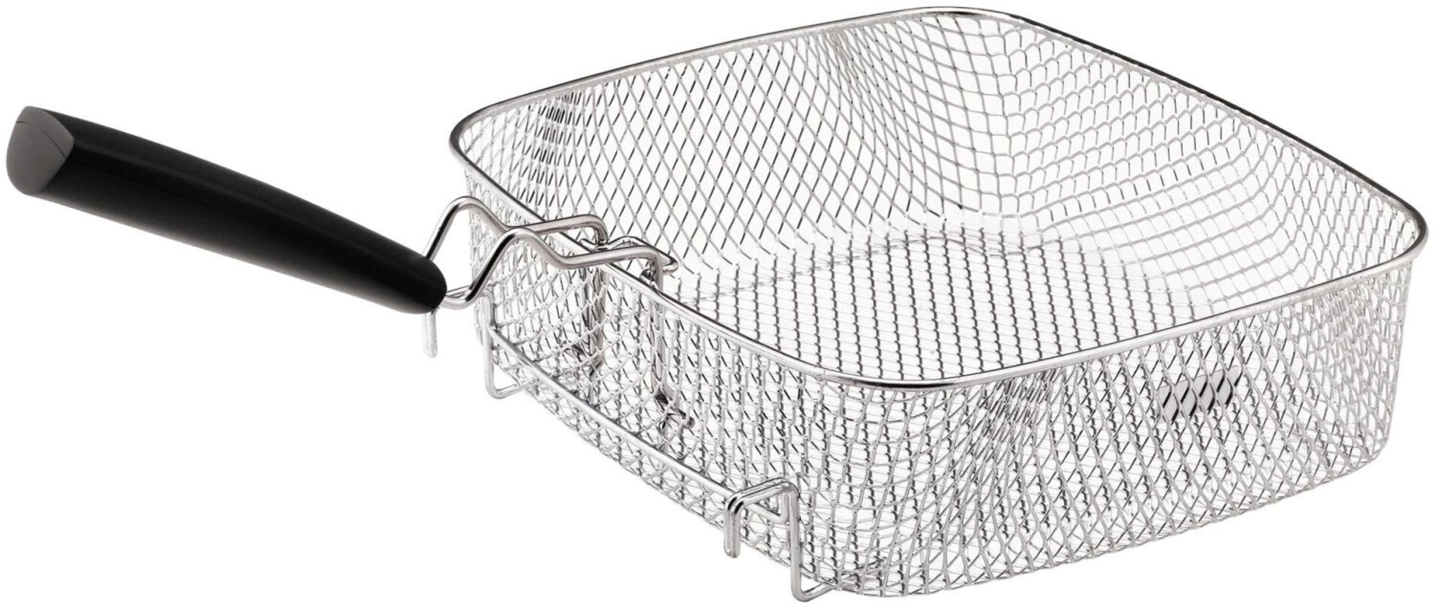 Kosz do frytkownicy ze stali nierdzewnej z czarnym uchwytem, ​​widok z perspektywy, na białym tle.