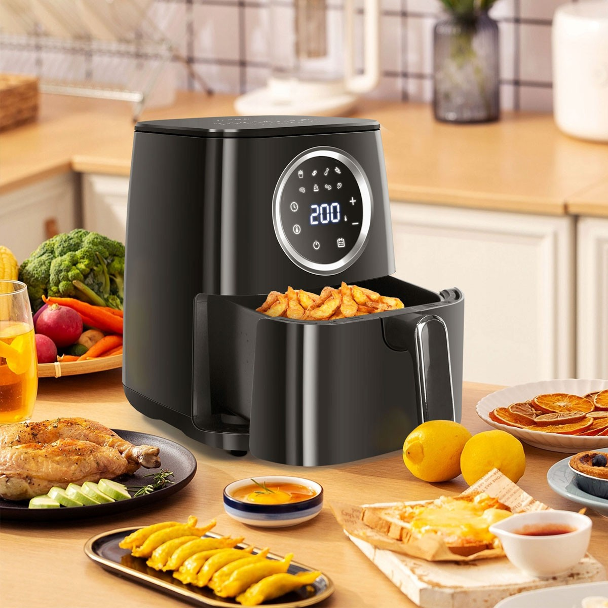 Freidora de aire negra con pantalla digital, papas fritas dentro. Mesa con comida, limones, verduras, etc.