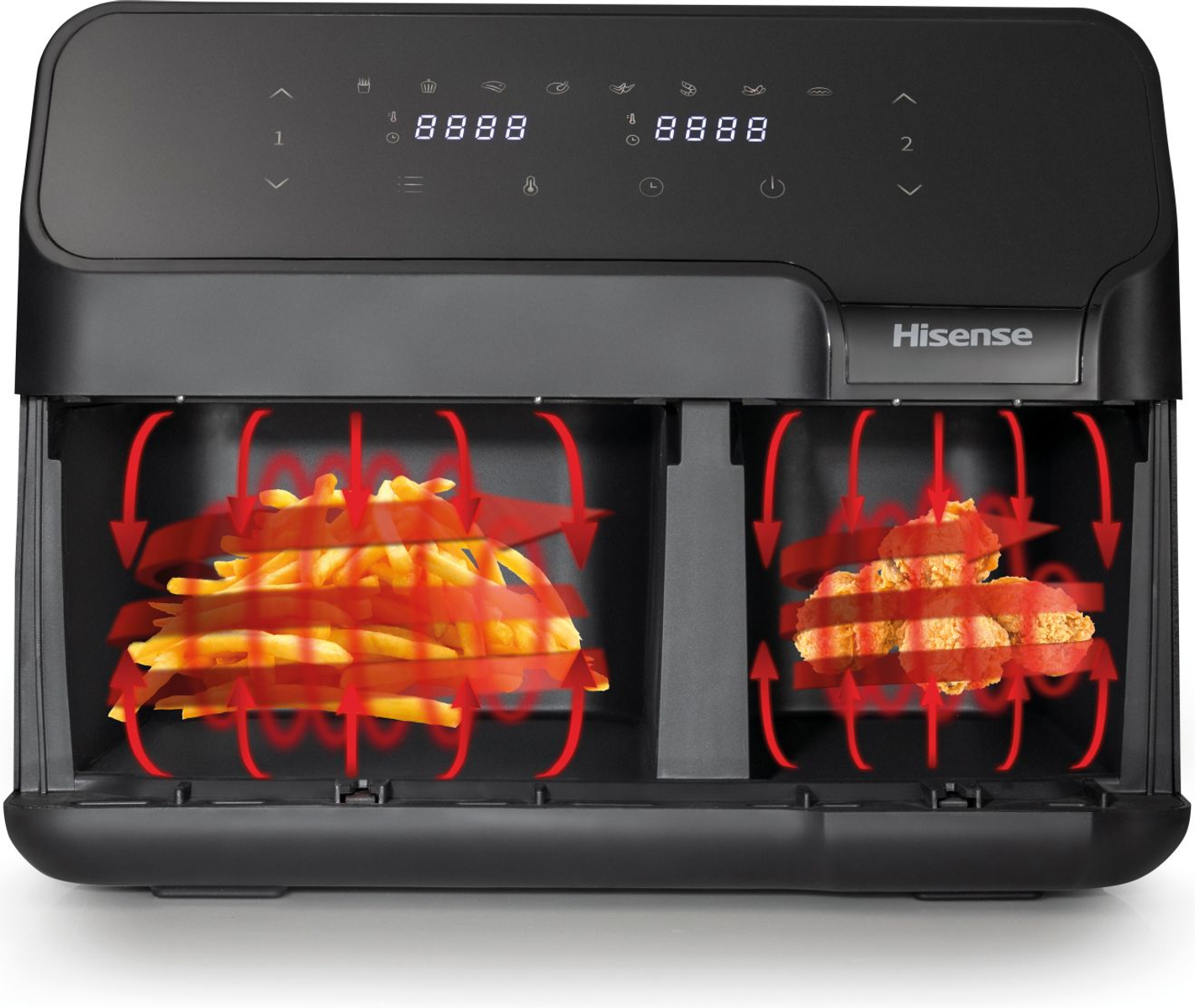 Een zwarte Hisense airfryer. Het heeft twee compartimenten, een met friet, de andere met kipnuggets.