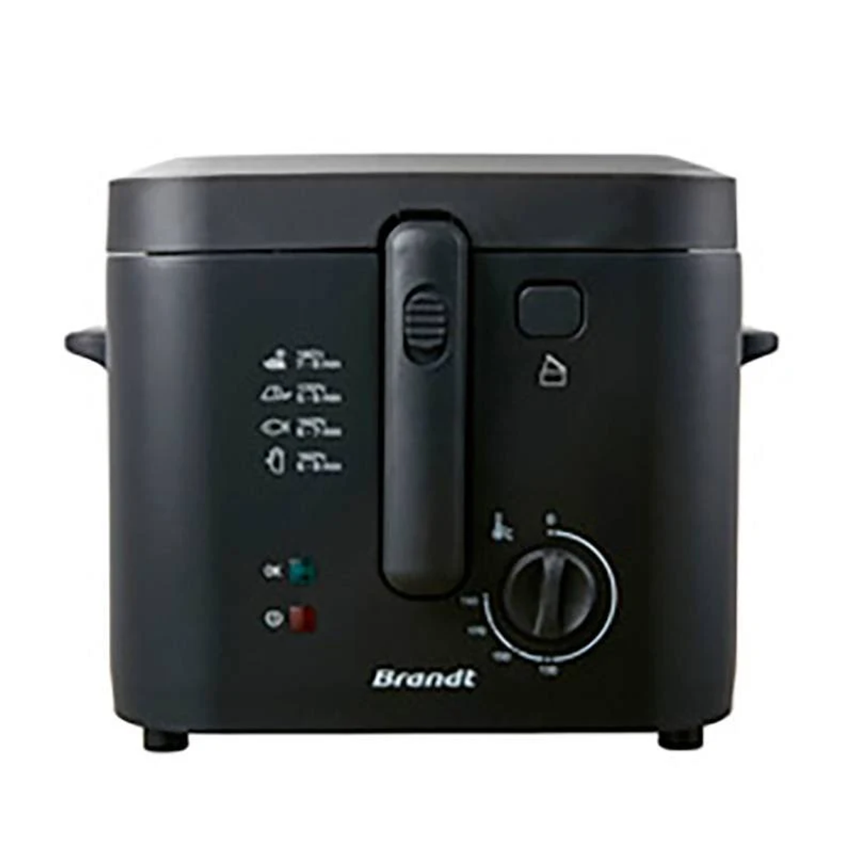 Czarna frytkownica Brandt z panelem sterowania i uchwytem. Świecą się kontrolki zasilania i grzania.