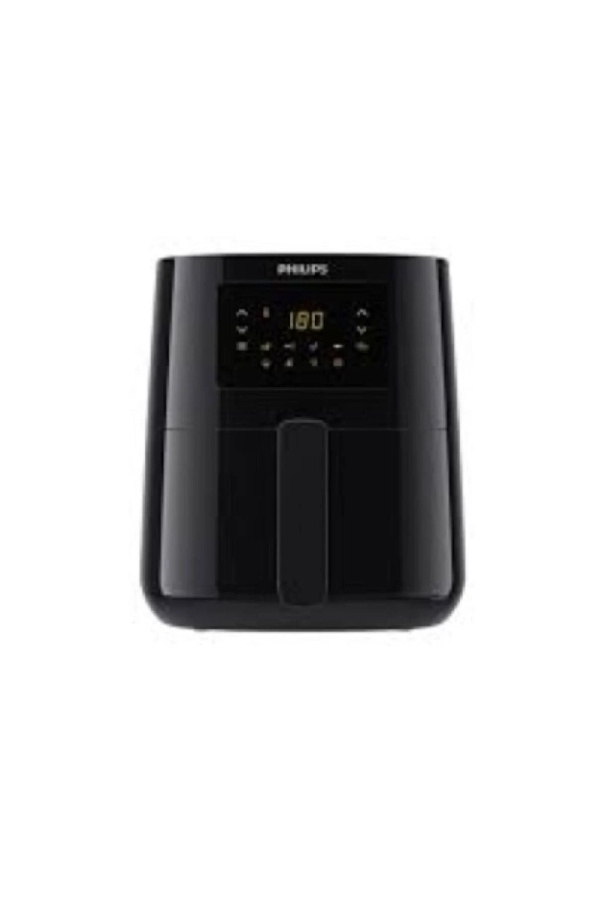 Friggitrice ad aria nera con display digitale che mostra temperatura e controlli.