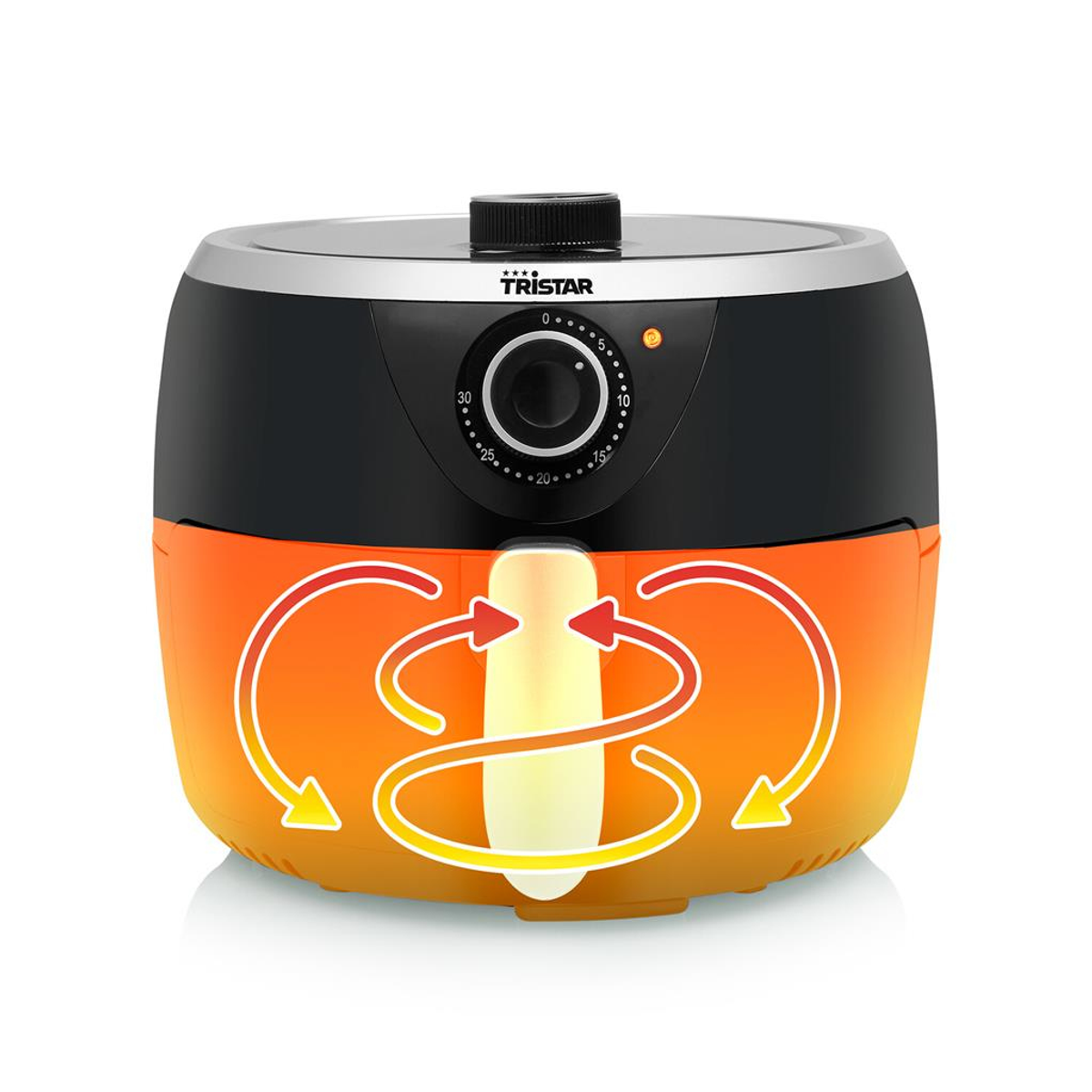 Ein orangefarbener und schwarzer Airfryer mit Pfeilen, die den Luftstrom im Inneren veranschaulichen.