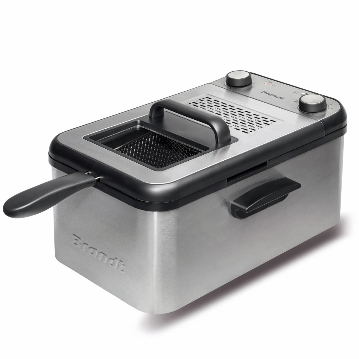 Frytownica ze stali nierdzewnej z uchwytem i czarną pokrywą. Marka to Brandt.
