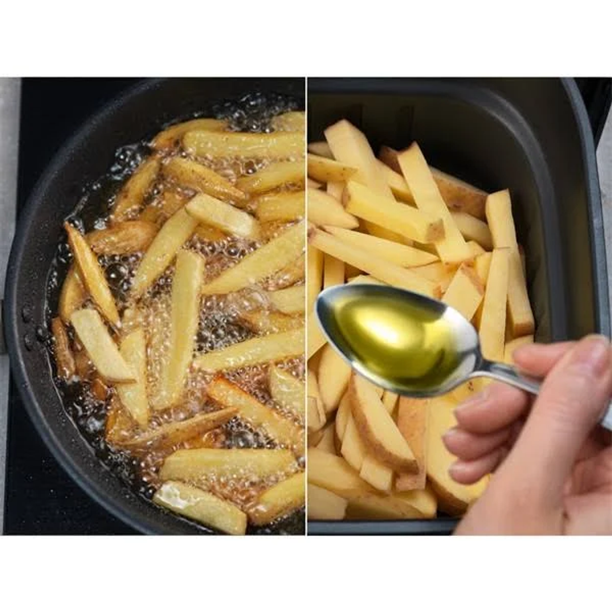Dwa obrazy: frytki smażone w oleju i frytki w frytkownicy powietrznej z łyżką.