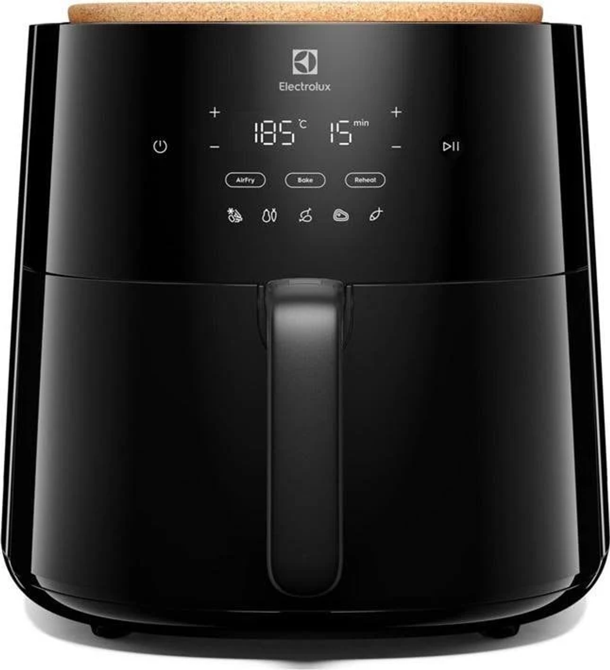 Czarna frytkownica powietrzna z drewnianym blatem, wyświetlaczem cyfrowym i uchwytem.