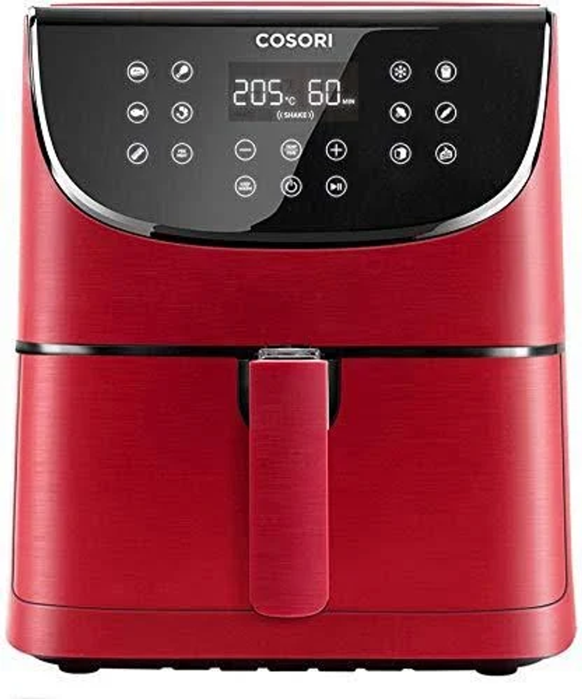 Freidora de aire Cosori roja con una pantalla digital que muestra 205 grados y 60 minutos. Botones en la parte superior.