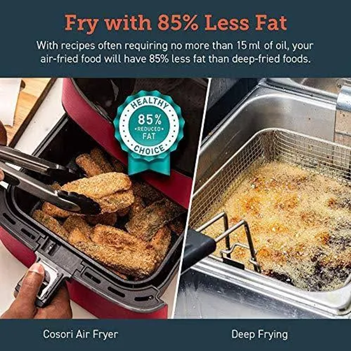 Imagen que compara freidora de aire y freír. Muestra freidora con comida y freír con aceite.