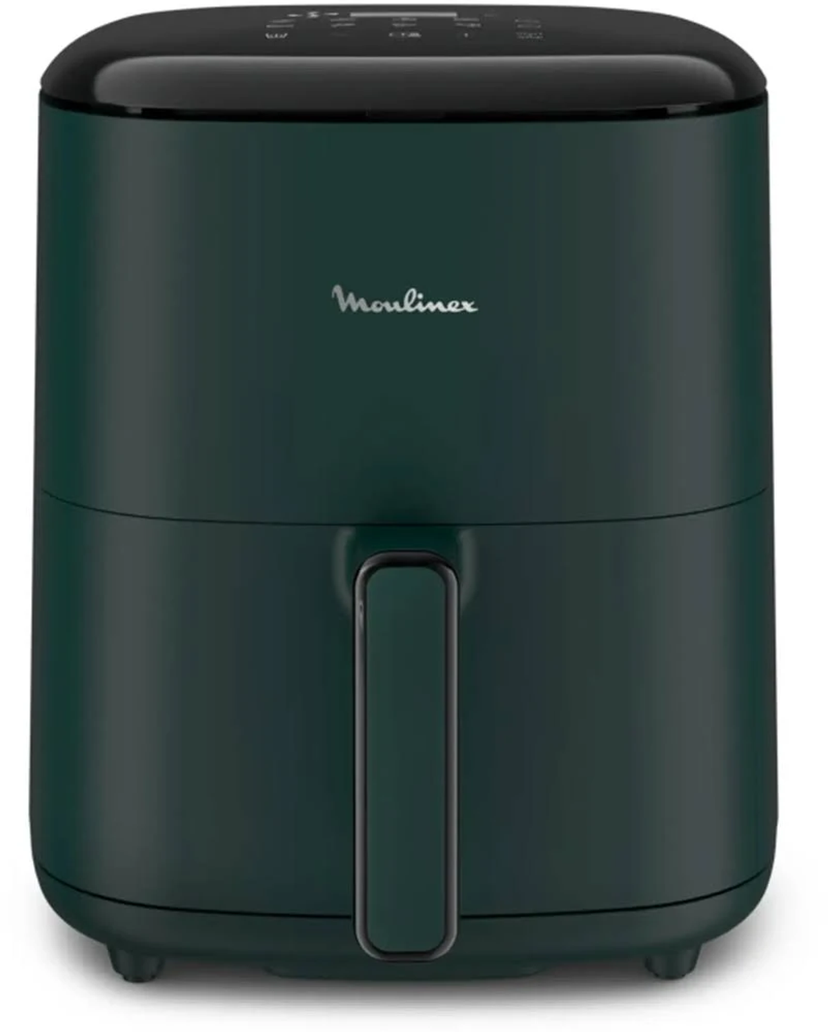 Ein dunkelgrüner Moulinex-Heißluftfritteuse. Es hat eine zylindrische Form mit einem Griff vorne.