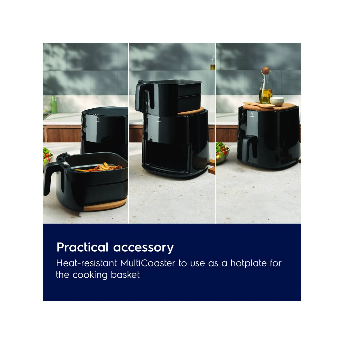 Frytownica powietrzna z praktycznym akcesorium. Urządzenie jest czarne. Na dole zdjęcia znajduje się tekst.