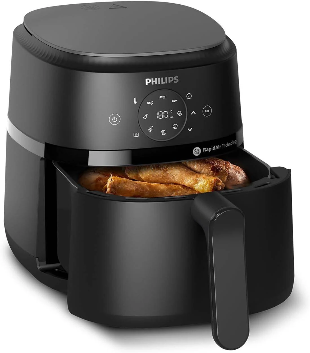 Schwarze Philips Heißluftfritteuse mit Essen darin. Griff sichtbar. Digitalanzeige oben.